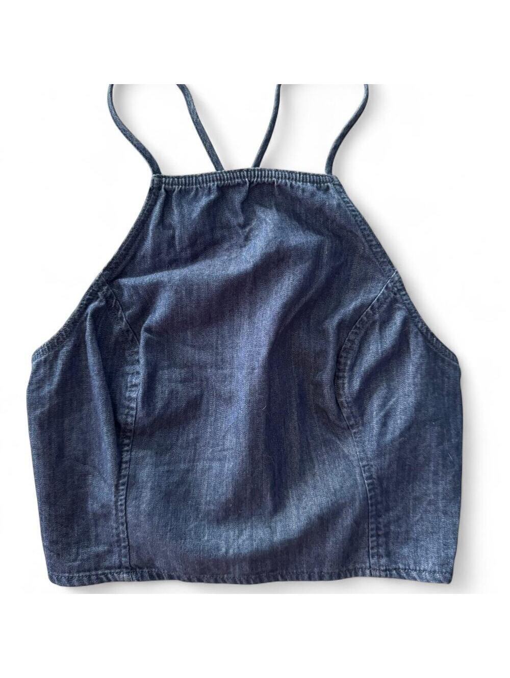 Hollister Co. Smocked Blue Denim Halter Crop Top with Adjustable Cross Straps
